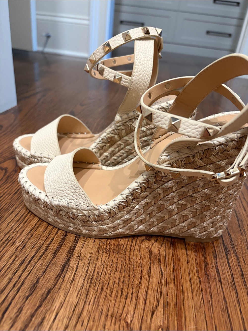 Valentino Cream Leather Studded Espadrille Wedge Sandals